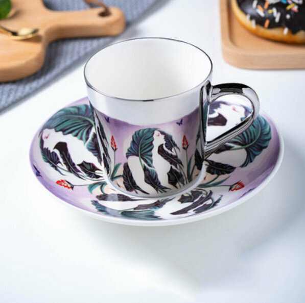 爆款咖啡杯（G-綠葉少女-銀色-1杯1碟）