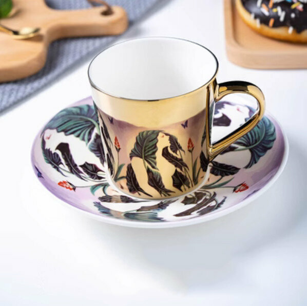 爆款咖啡杯（G-綠葉少女-金色-1杯1碟）