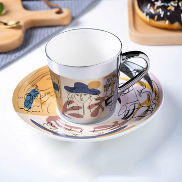 爆款咖啡杯（F-抽象線條-銀色-1杯1碟）