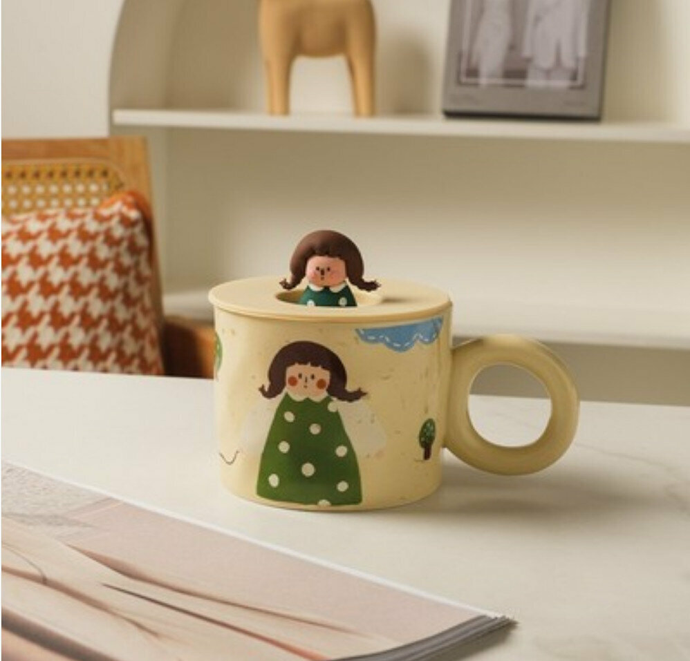 New water cup with lid [girl walking the dog] [diameter 9.5cm*height 8cm]