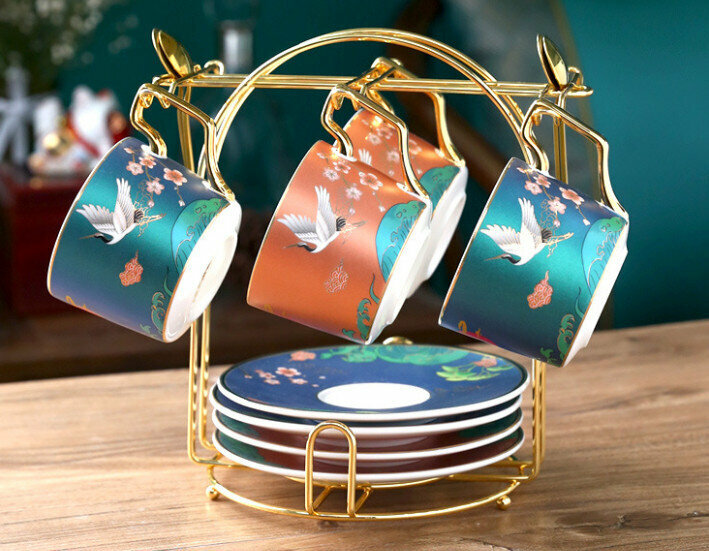 New national fashion ceramic cup coffee cup and saucer set (Bright Future 4 cups and saucers with holder (2 green 2 orange))