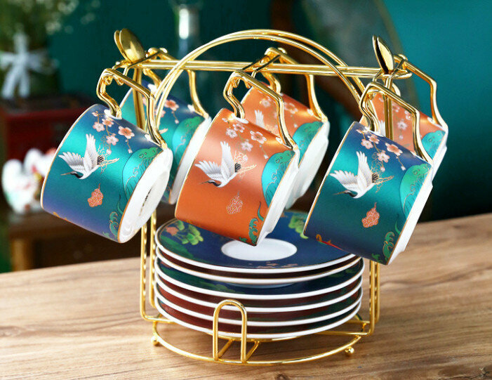New national fashion ceramic cup coffee cup and saucer set (Bright Future 6 cups and saucers with holder (3 green 3 orange))