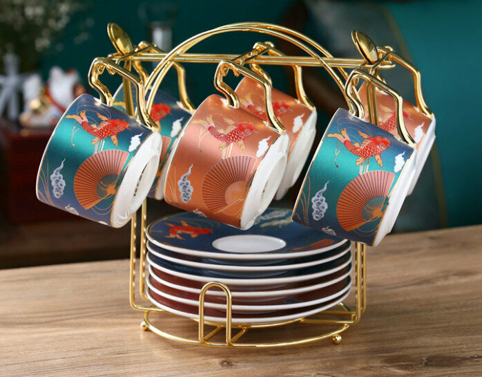 New national trend ceramic cup coffee cup and saucer set (like a fish in water 6 cups and saucers with holder (3 green 3 orange))