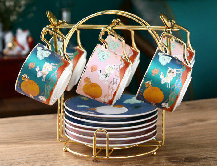 New national fashion ceramic cup coffee cup and saucer set (Cute Rabbit Flying to the Moon 6 cups and saucers with holder (3 green 3 pink))