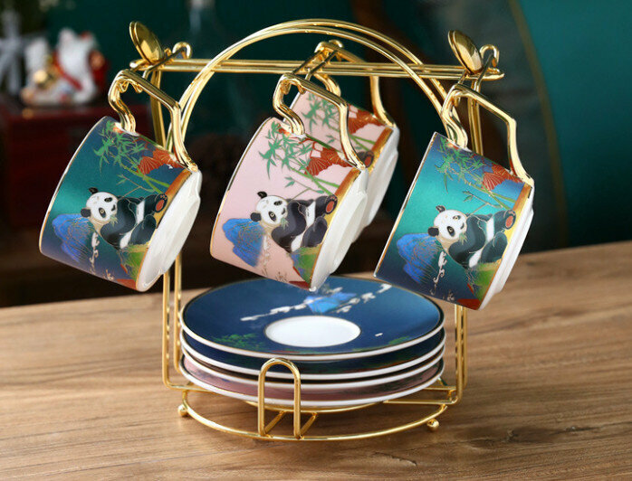 New national trend ceramic cup coffee cup and saucer set (Yuanmanhanhan 4 cups and saucers with holder (2 green 2 pink))