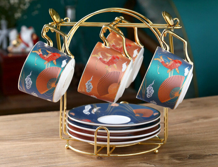 New national trend ceramic cup coffee cup and saucer set (like a fish in water 4 cups and saucers with holder (2 green 2 orange))