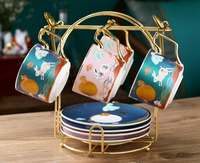 New national fashion ceramic cup coffee cup and saucer set (Cute Rabbit Flying to the Moon 4 cups and saucers with holder (2 green 2 pink))