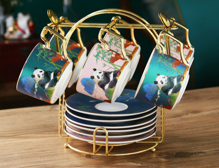 New national trend ceramic cup coffee cup and saucer set (Yuanmanhanhan 6 cups and saucers with holder (3 green 3 pink))