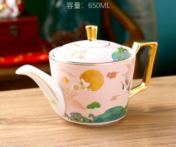 New Guochao Ceramic Cup Coffee Cup and Saucer Set (Guochao Teapot Single Pot Pink)