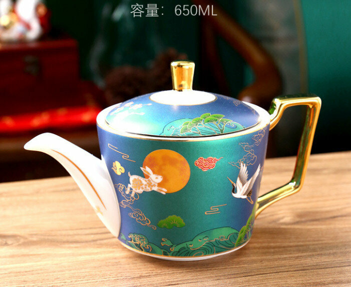 New Guochao Ceramic Cup Coffee Cup and Saucer Set (Guochao Teapot Single Pot Green)