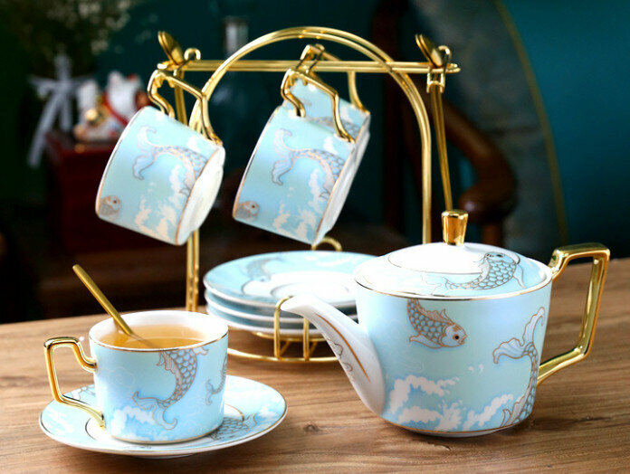 New national trend ceramic cup coffee cup and saucer set (Yuyue Longmen blue 4 cups and saucers + pot with stand)