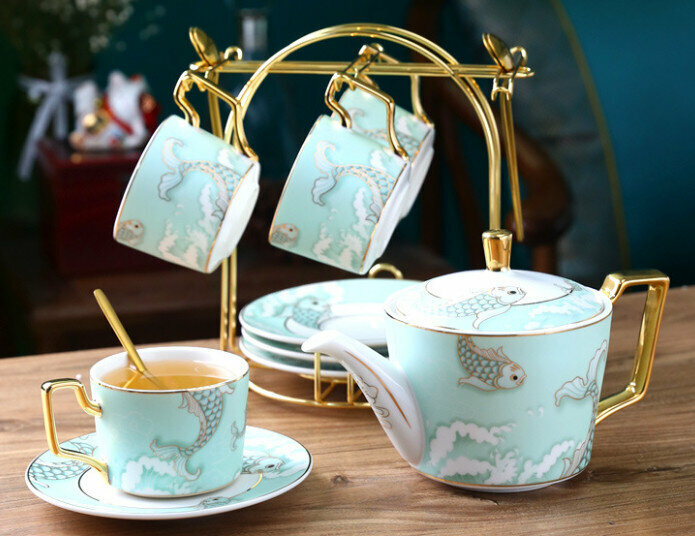 New national trend ceramic cup coffee cup and saucer set (Yuyue Longmen green 4 cups and saucers + pot with stand)