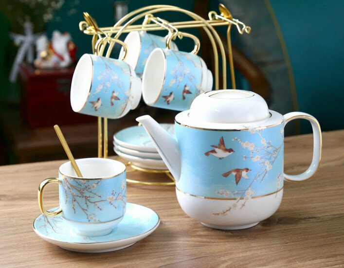 New national trend ceramic cup coffee cup and saucer set (Biyi Shuangfei bird blue 4 cups and saucers + pot with stand)