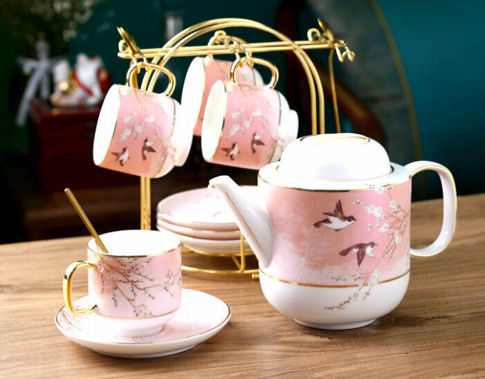 New national trend ceramic cup coffee cup and saucer set (Biyi Shuangfeiniao pink 4 cups and saucers + pot with stand)