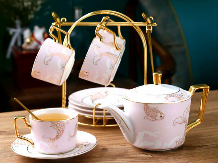 New national trend ceramic cup coffee cup and saucer set (Yuyue Longmen pink 4 cups and saucers + pot with stand)