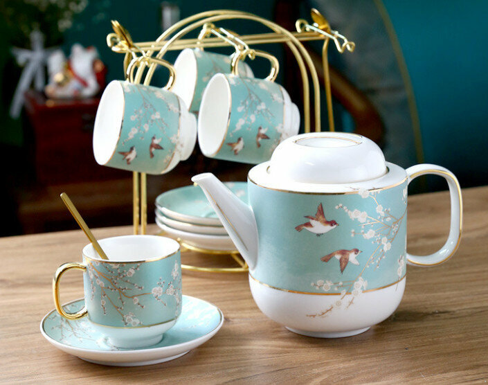 New national trend ceramic cup coffee cup and saucer set (Biyi Shuangfei bird green 4 cups and saucers + pot with stand)