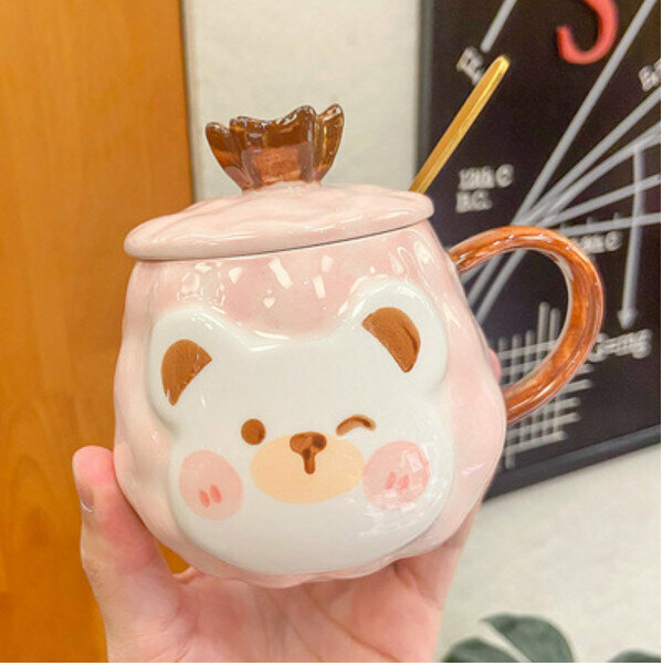 Hot selling cute water cup (pink+lid+spoon)