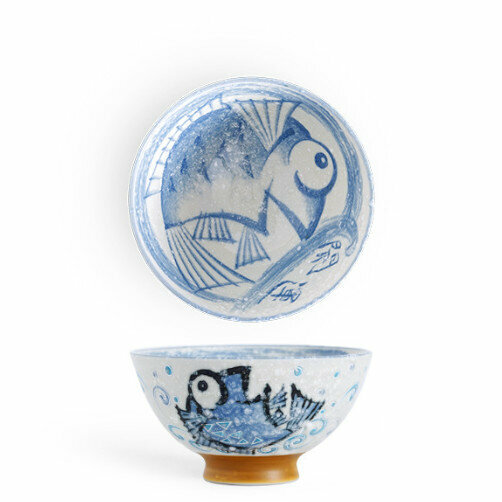 Hot Selling Ceramic Rice Bowl (Happy Fish - Blue 300ml)