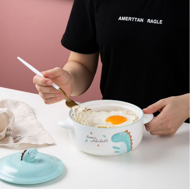 熱賣創意帶蓋陶瓷泡面碗（綠恐龍）