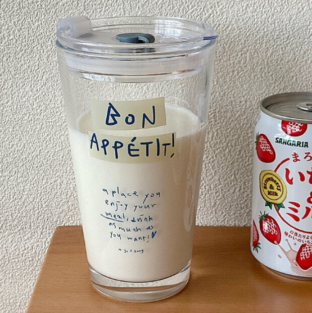 爆款簡約ins玻璃吸管字母水杯【Bon藍+蓋子】