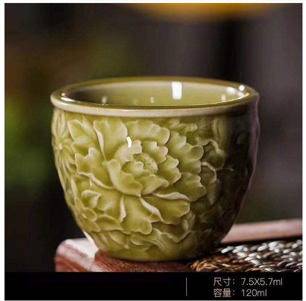 新款浮雕龍鳳茶杯（青瓷影雕【花開富貴暖黃】）