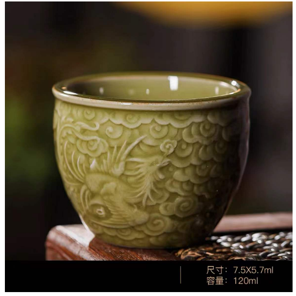 新款浮雕龍鳳茶杯（青瓷影雕【鳳杯暖黃】）