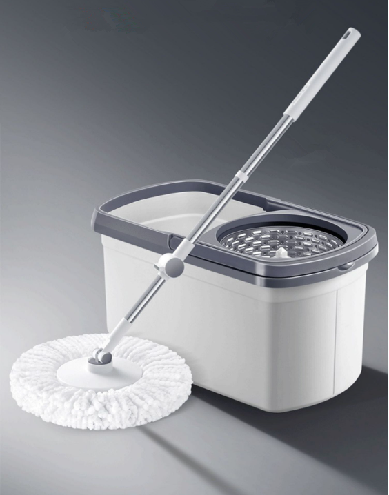 New spin mop (white) (reinforced rod + plastic plate + metal basket + 2 mop heads) (Specifications: mop bucket size: 48*27*25CM, telescopic rod length: 99-127CM)