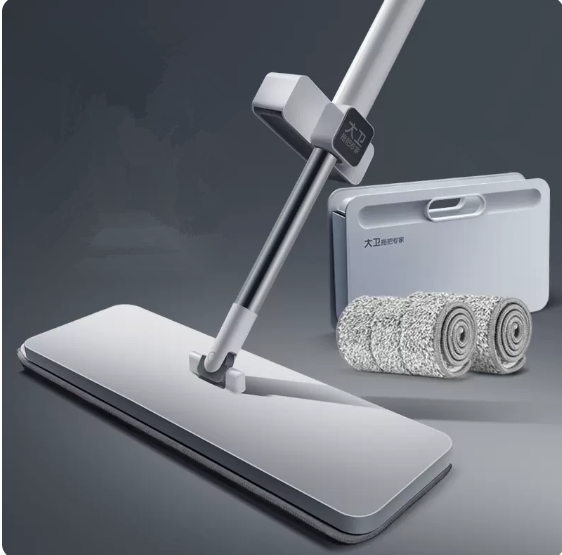 New flat mop (white) (2 mops + folding bucket in total) (Specifications: handle plate size: 36*10CM, rod length: about 133CM)