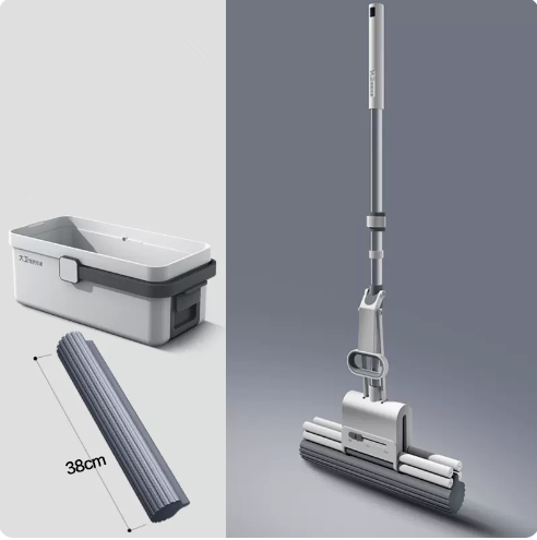 New hand-washable absorbent sponge mop (Bingfeng white) (one pole, 2 heads + cleaning bucket) (Specifications: total mop length: 132CM, collodion head length: 38CM)