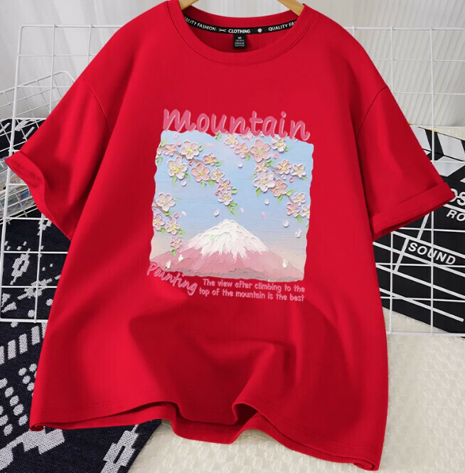 Casual loose short-sleeved T-shirt (red hilltop view S-2XL) (contact customer service to confirm the shipping size after placing an order)】