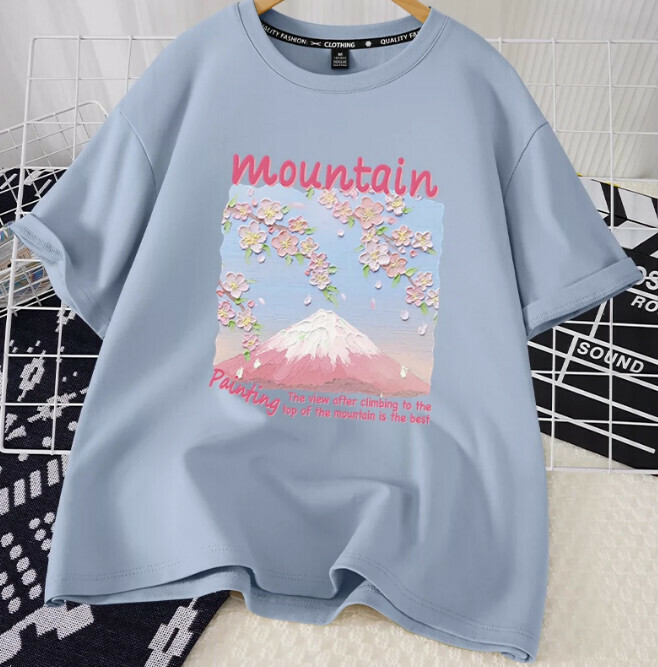 Casual loose short-sleeved T-shirt (lake blue mountain top view S-2XL size) (contact customer service to confirm the shipping size after placing an order)】