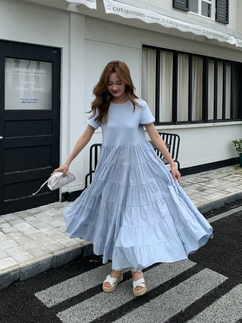 愛麗絲藍圓領收腰蛋糕裙擺長洋裝S-M (Elegant & Love)