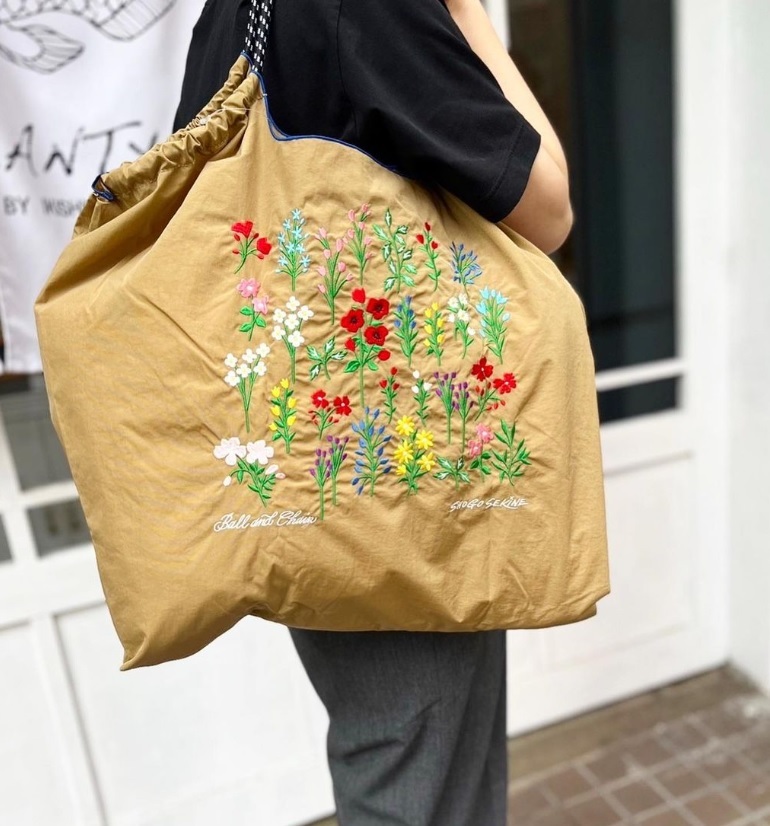 Ball＆Chain 刺繡環保購物袋 L號 - 卡其 (32310203)