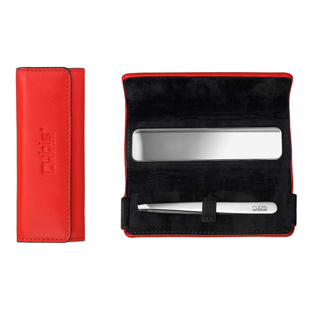 Rubis 紅色真皮皮套配經典閃亮鑷子及鏡子