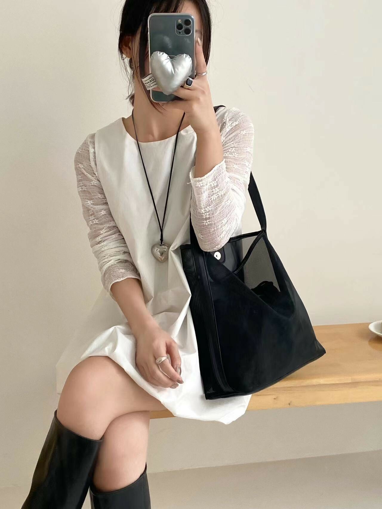 韓系透紗網肩背包/二色