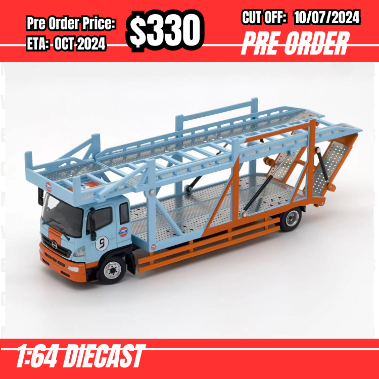 PO-$330 * Unique Model * 1:64 Hino Ranger 500 Car Carrier Trailer Gulf [OD05/07]