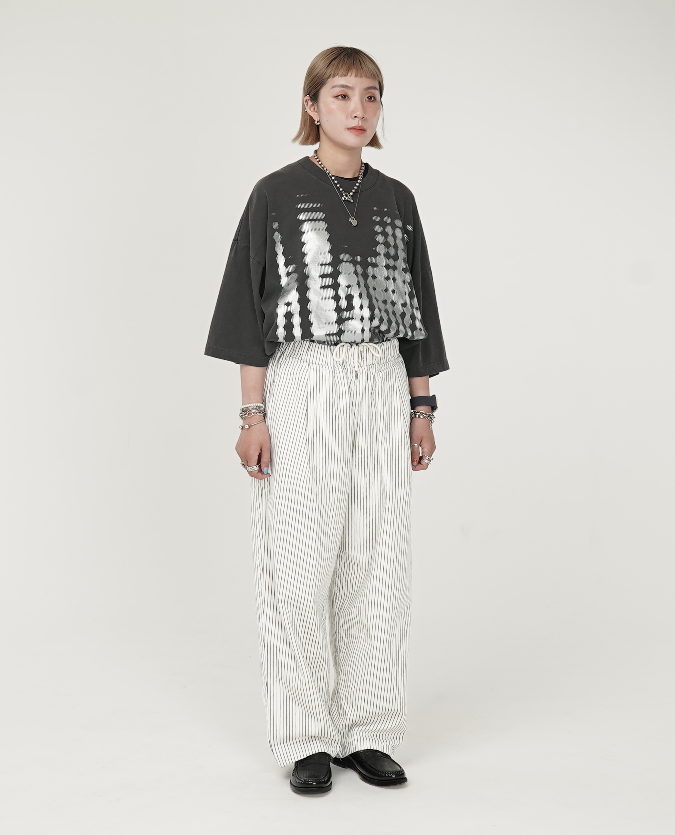 鬆緊直條紋寬直筒褲