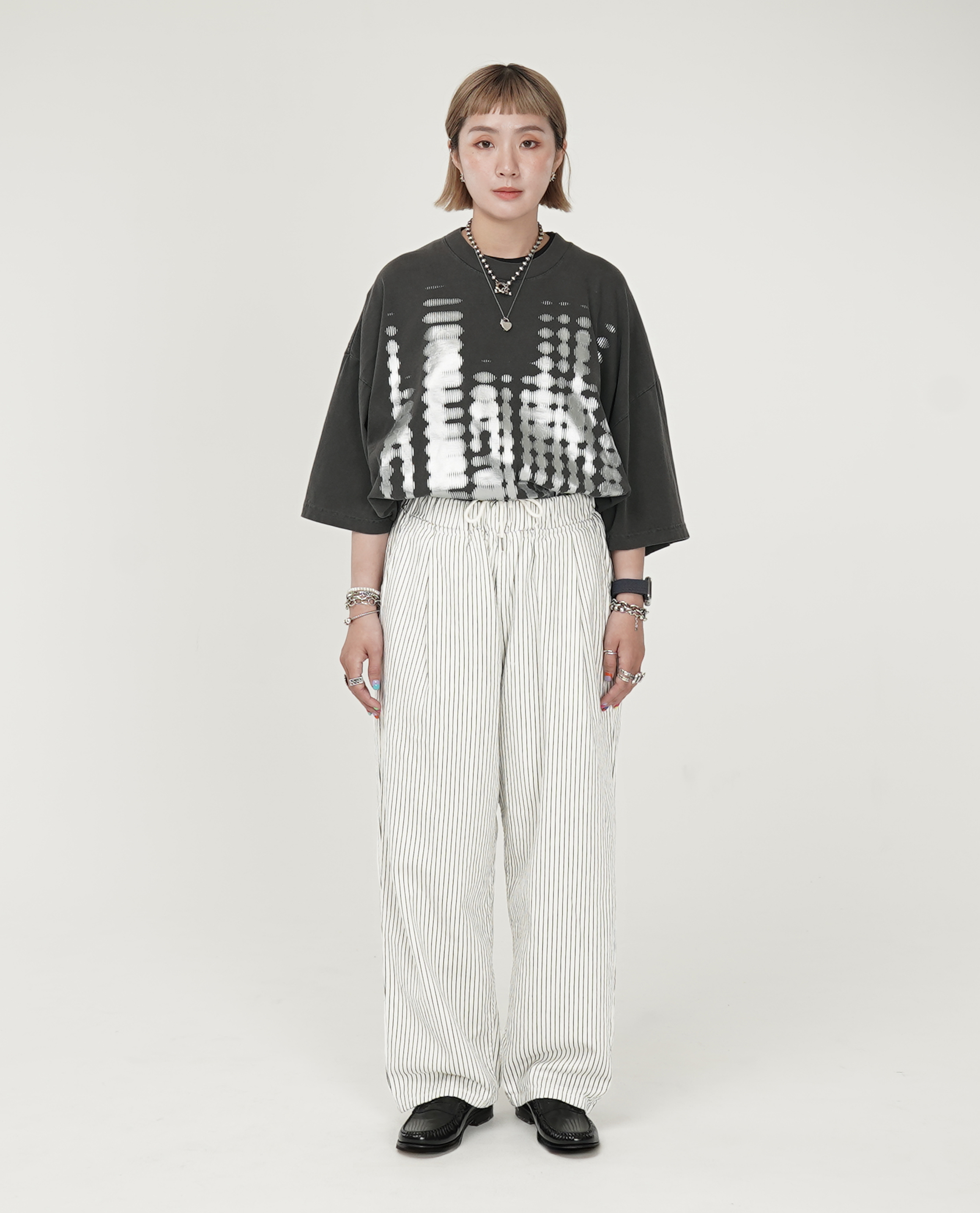 鬆緊直條紋寬直筒褲