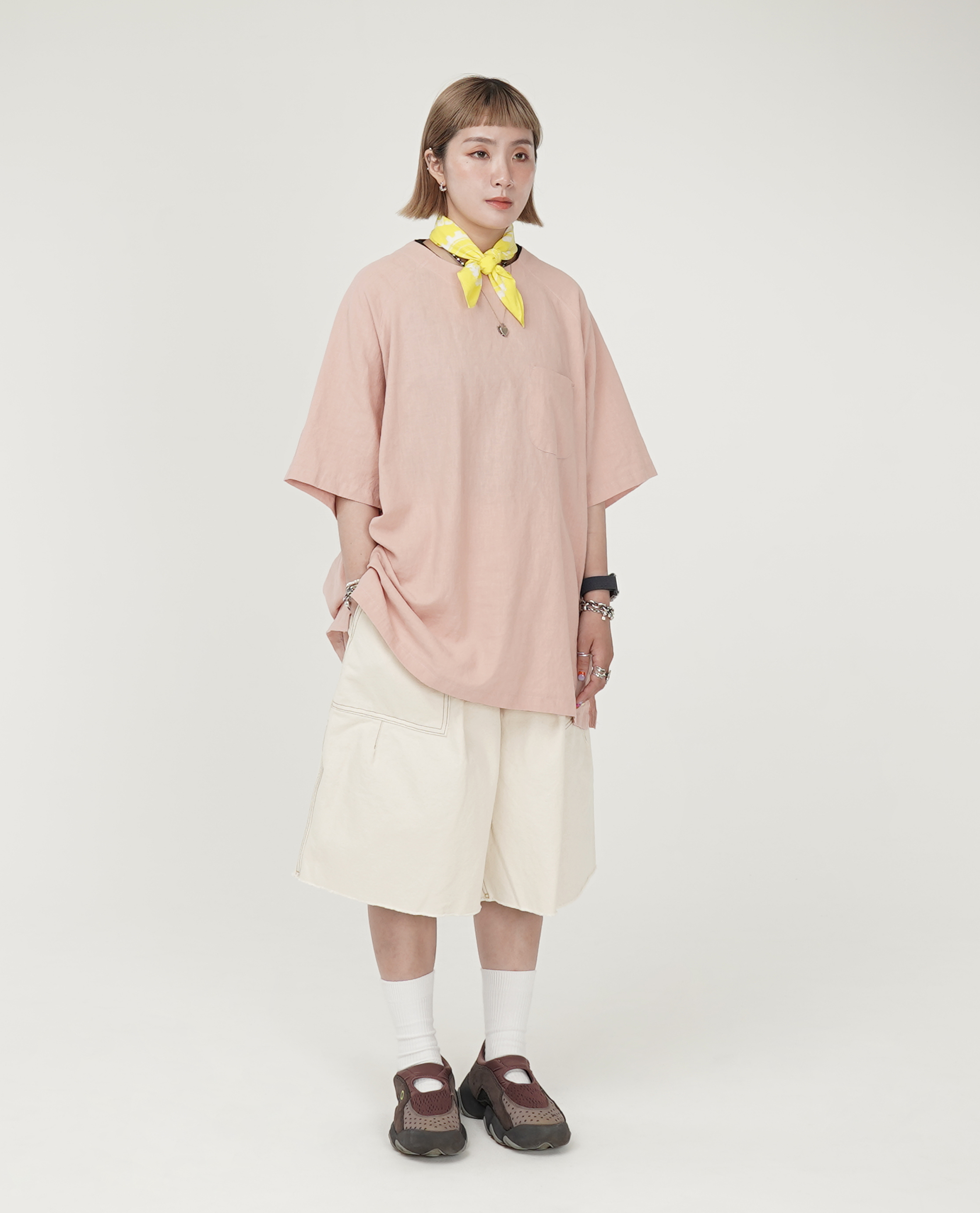 麻料下擺弧形口袋t