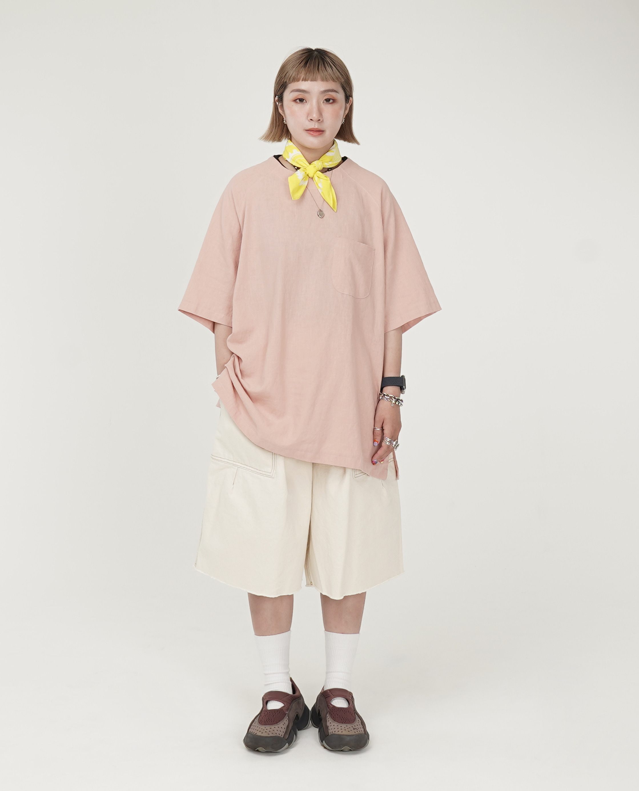 麻料下擺弧形口袋t