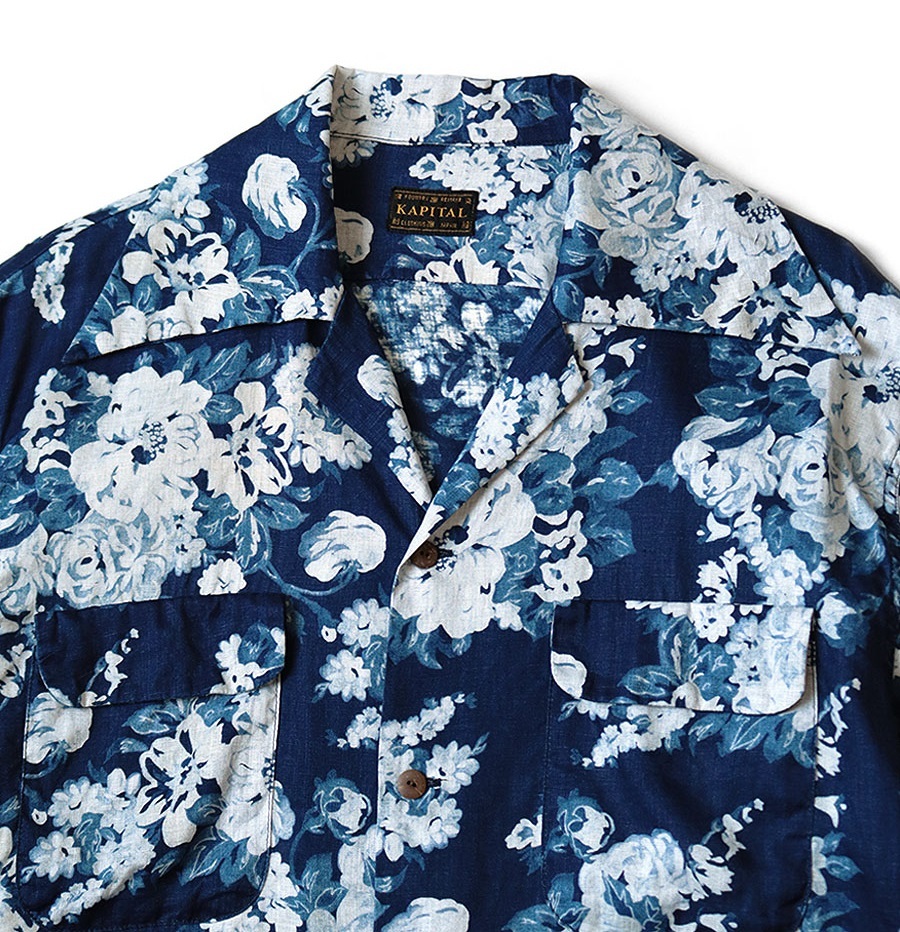 KAPITAL IDG FRENCH CROSS LINEN CHAMPETRE DISCHARGE PRINTING SHIRT L/S - PRE ORDER ITEM (預訂中)