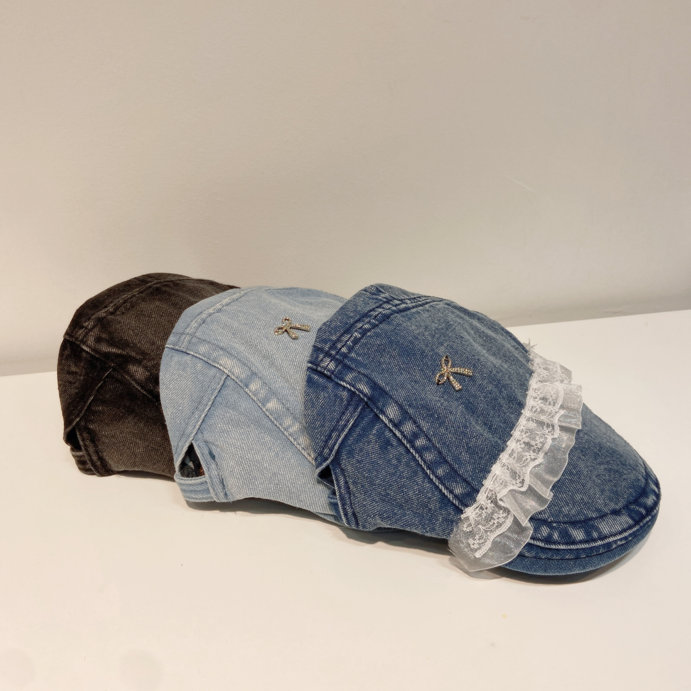 喱士邊閃石蝴蝶結牛仔貝雷帽 (A34-A36)