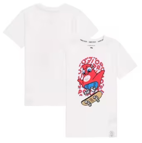 1EU0704-136 OLYMPICS Paris 2024 Olympics Skateboarding Mascot Kids T-Shirt White #13378104 (C-EU-E)