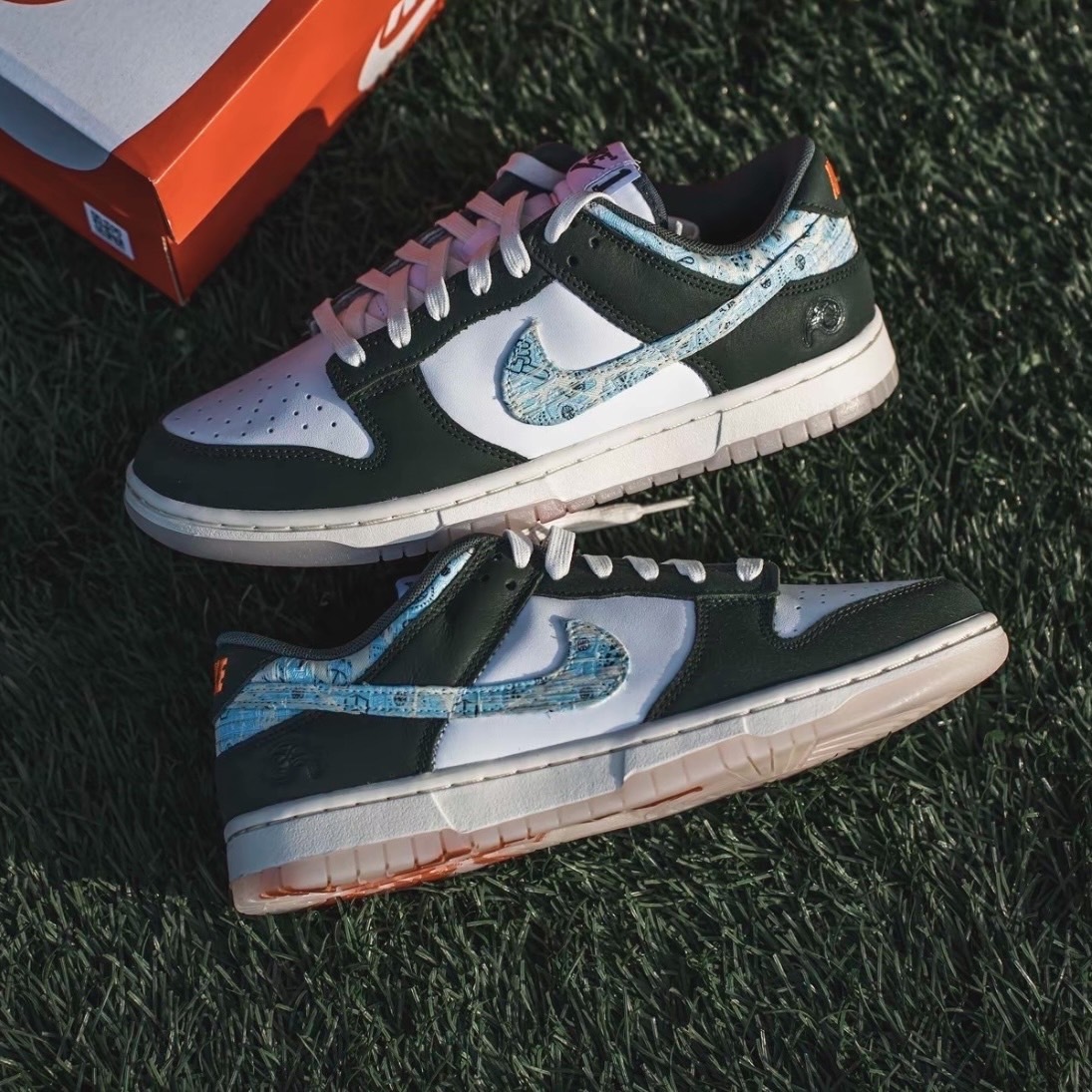 Nike Dunk Low HOOPS FIREBALL 白綠 水藍勾 仿舊紋理 休閒鞋