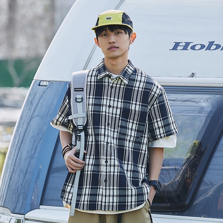 7M18 日系復古格紋撞色短袖襯衫 一色