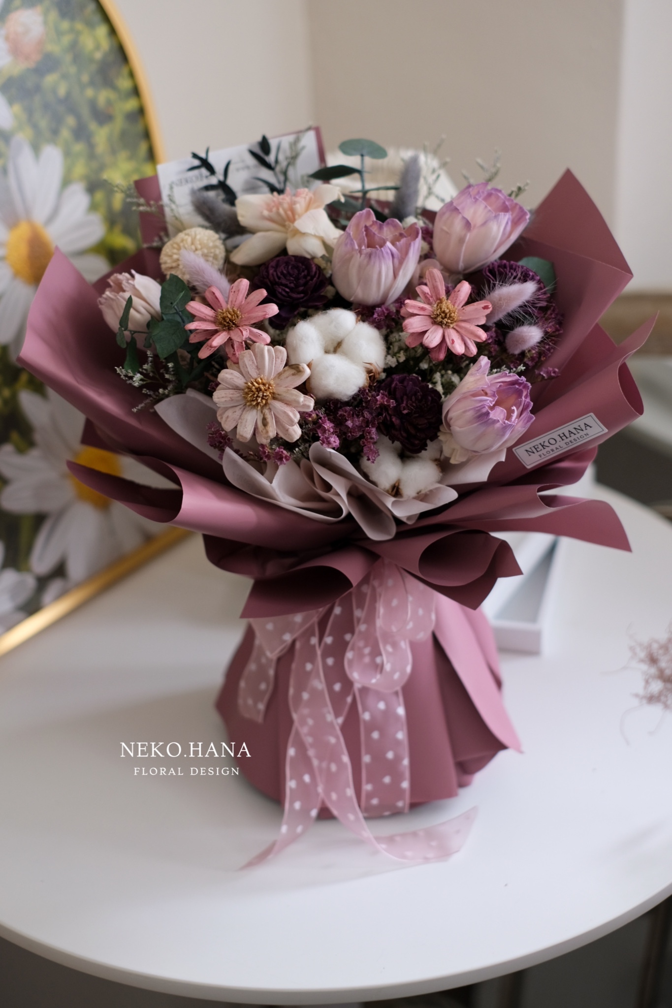 粉紫色鬱金香乾燥花束