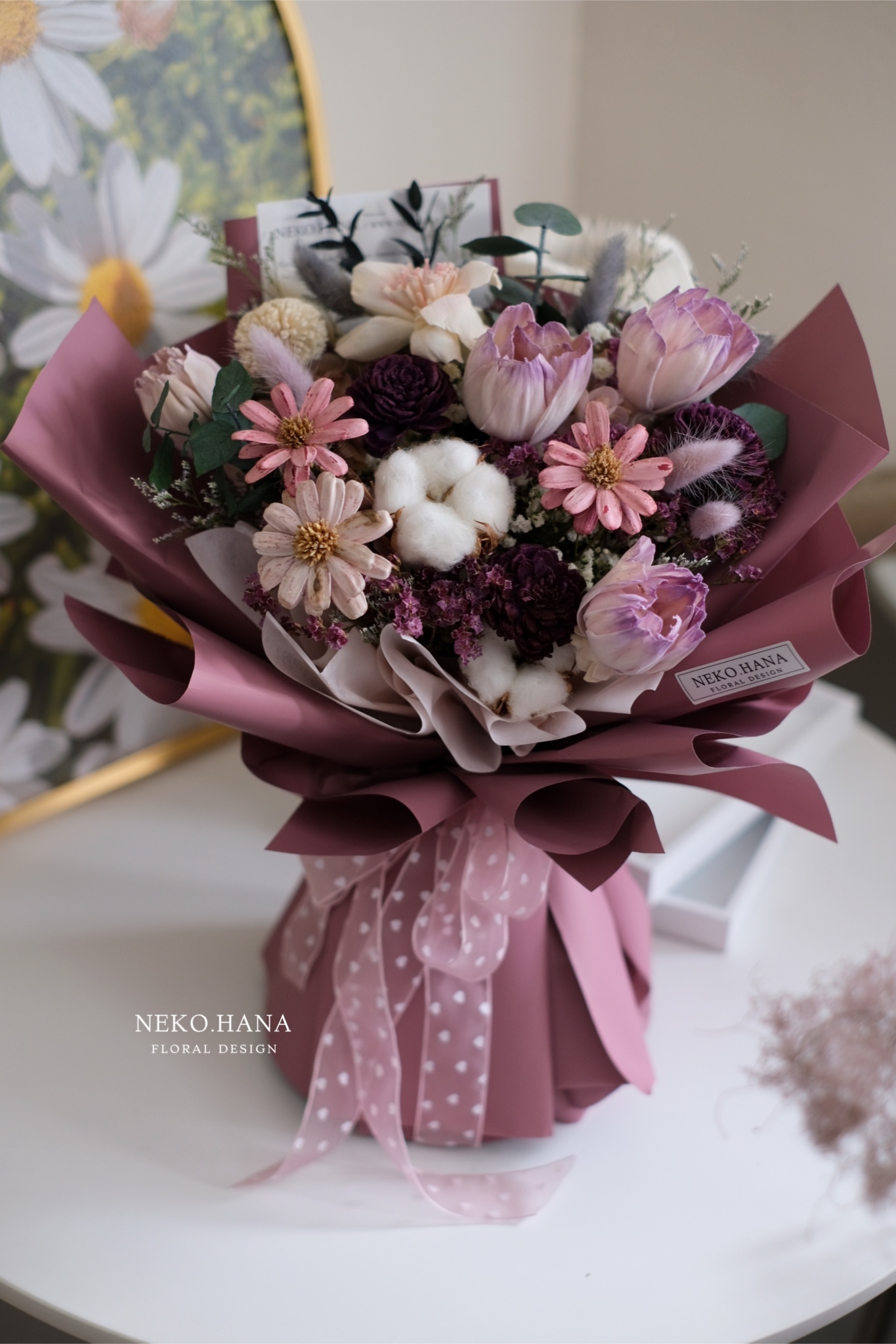 粉紫色鬱金香乾燥花束