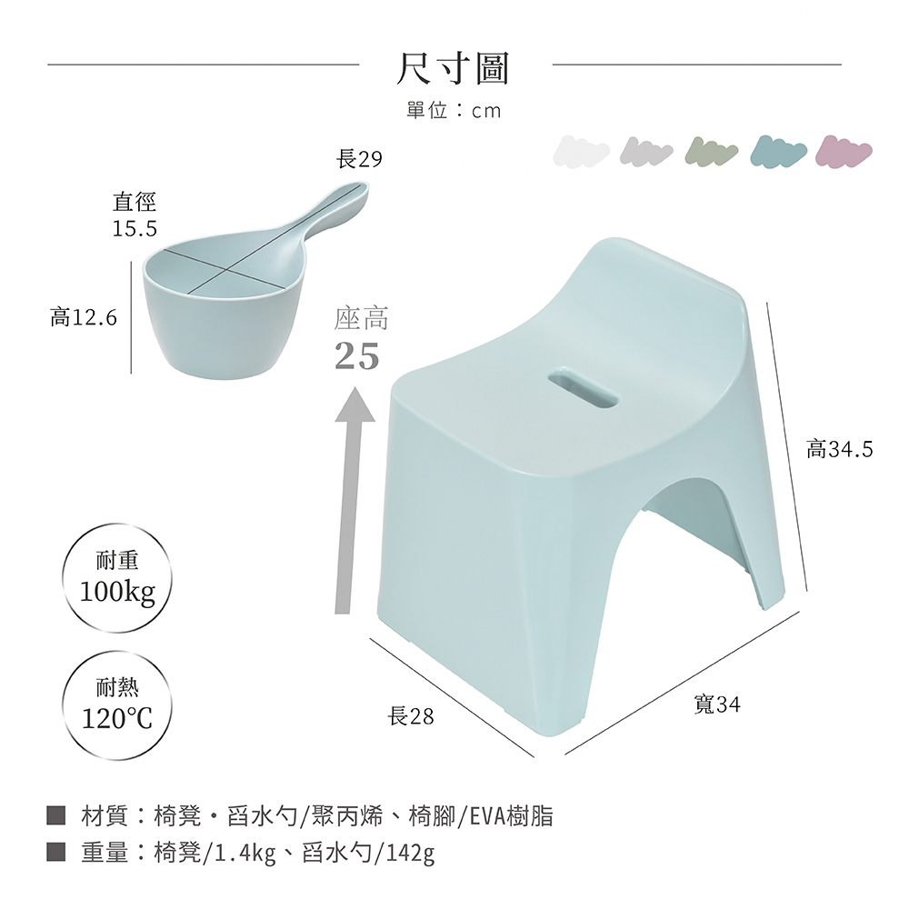 《HUBATH》日本製曲面一體浴椅•舀水勺2件組(高25cm)