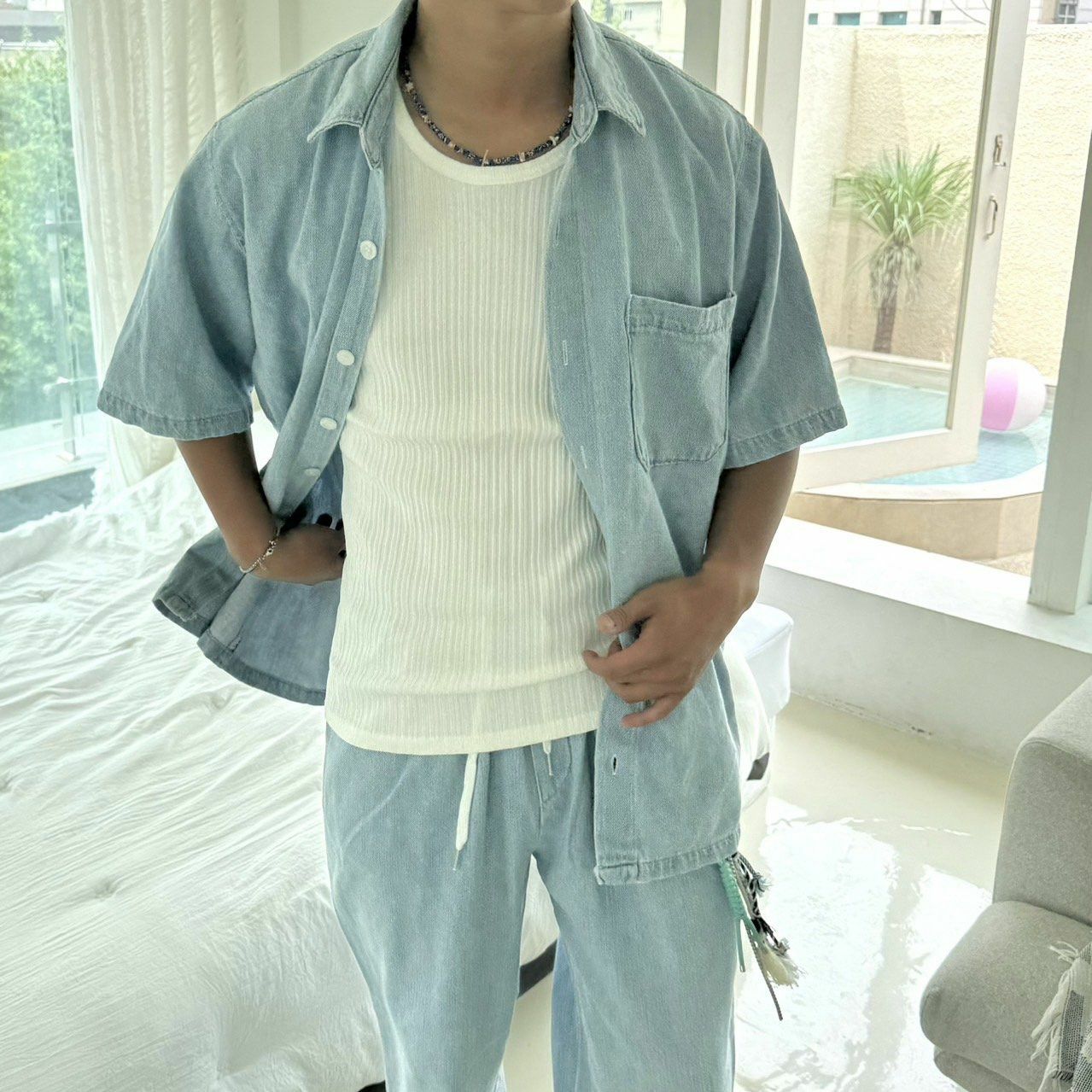 淨色牛仔短袖恤衫 BY ATTENTION-225S