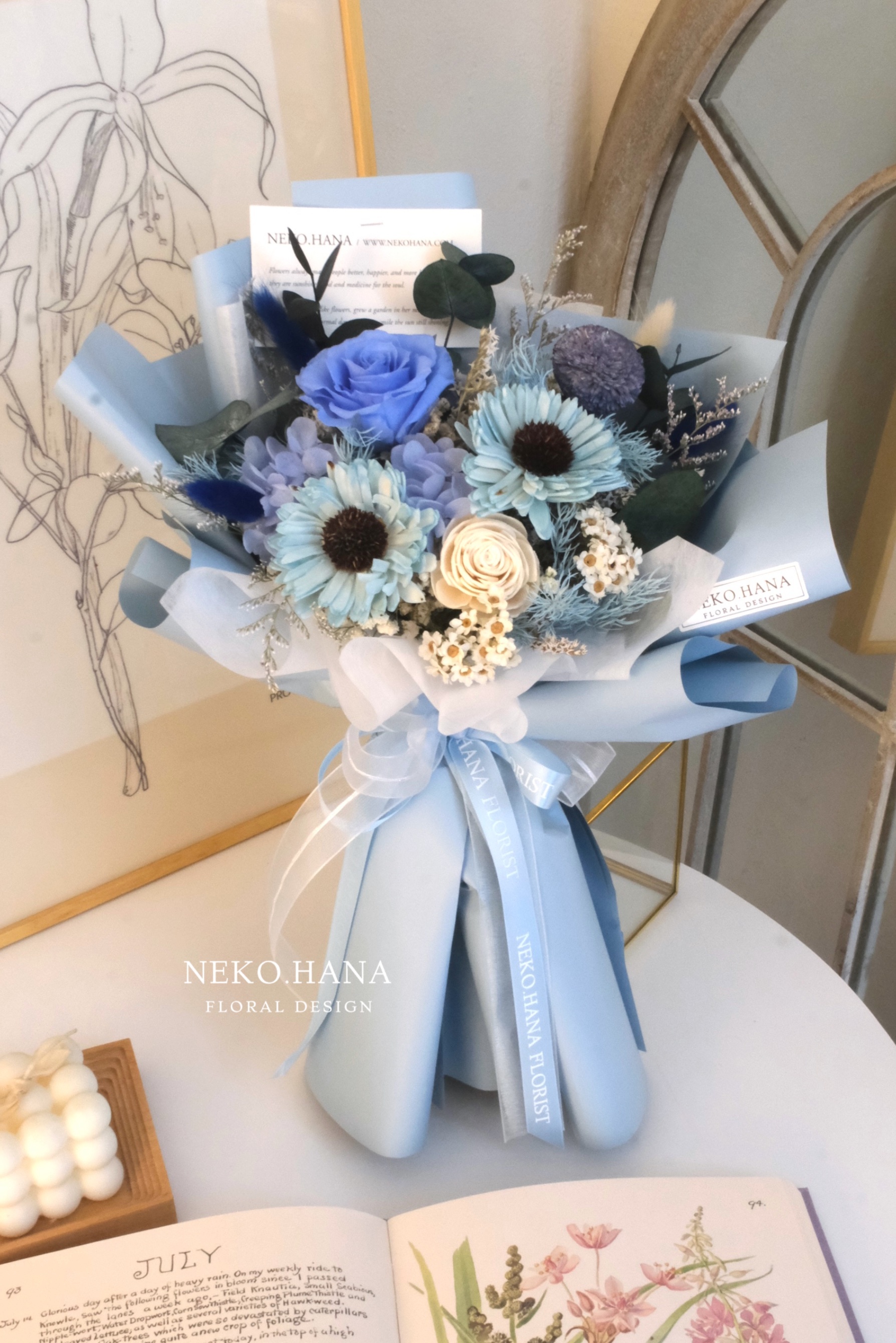 水藍向日葵永生花束